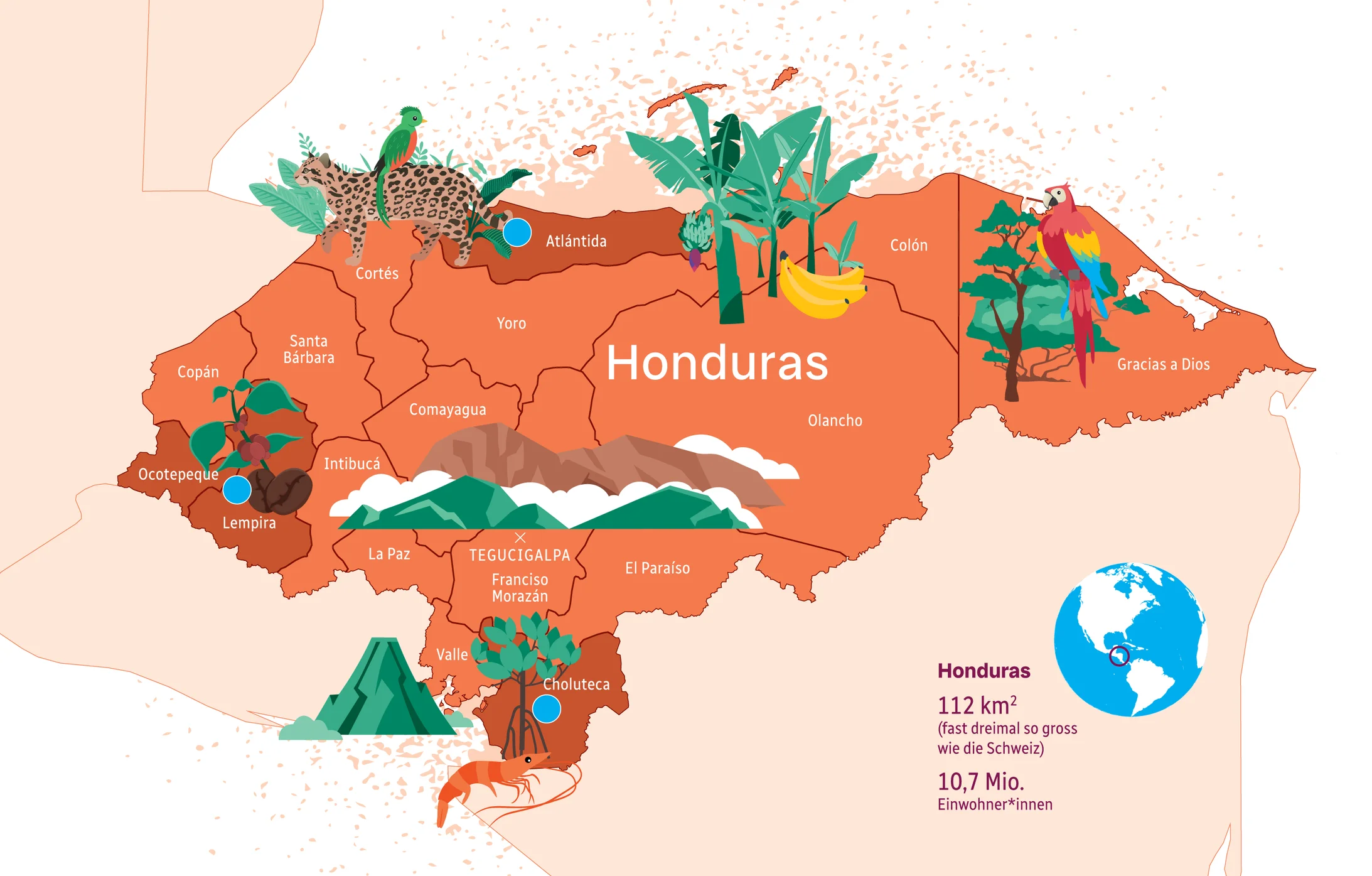 Honduras-Karte illustrativ mit Projektregionen